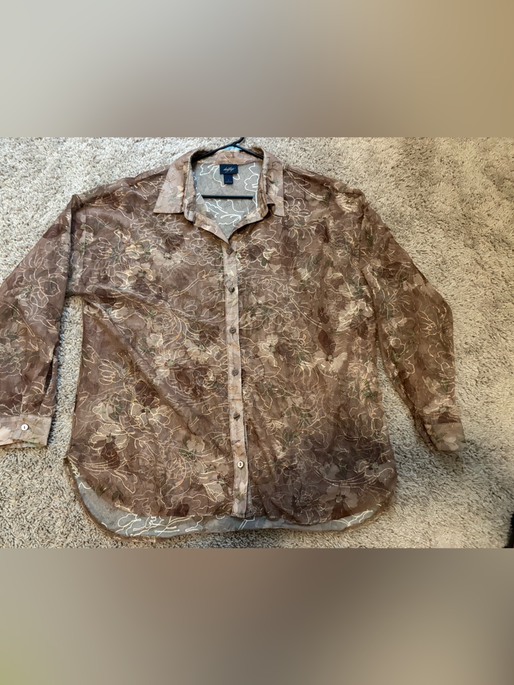 daytrip Brown Floral Sheer Button-Up Shirt with Gold Accents